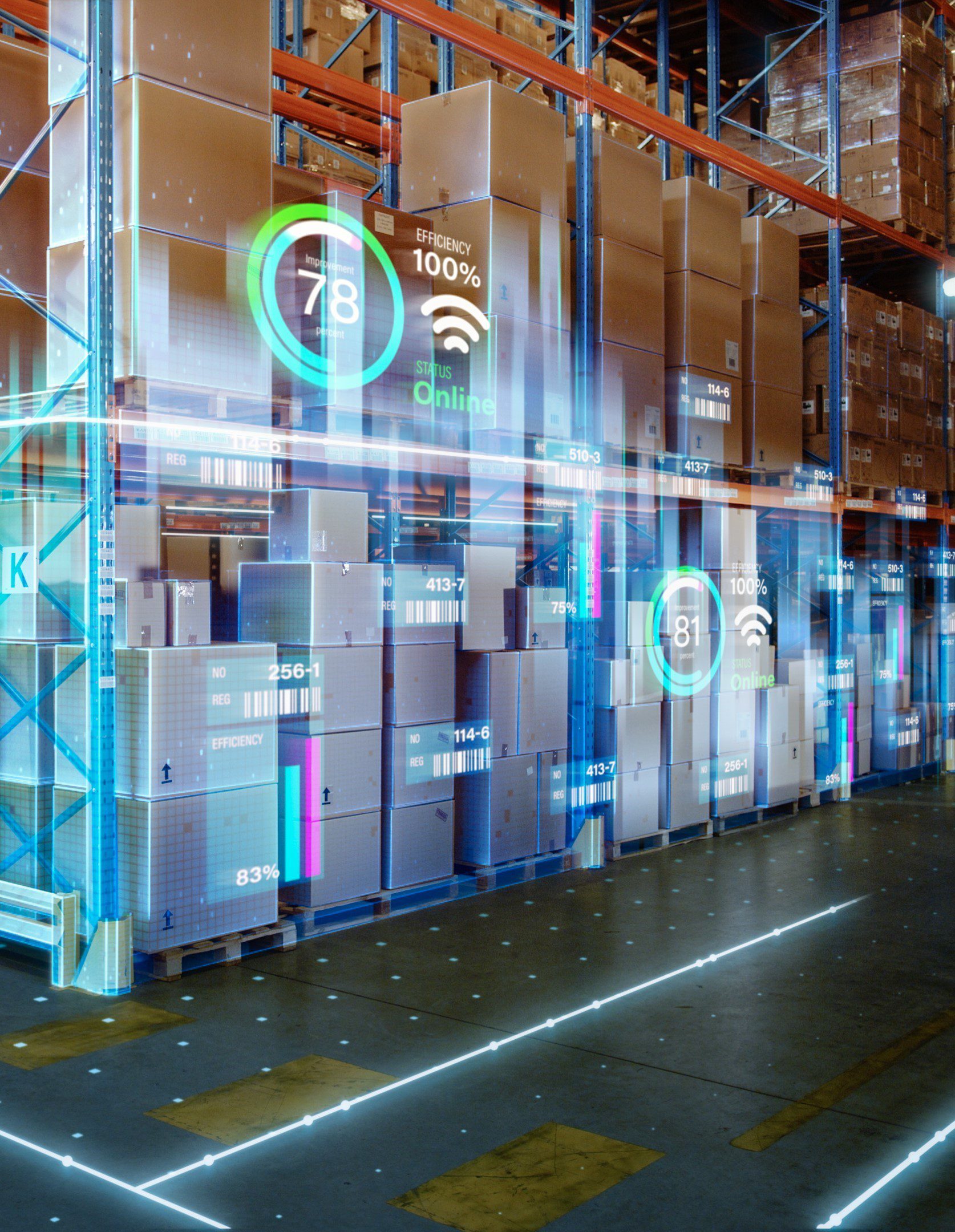Portrait Futuristic Technology Retail Warehouse Digitalization and Visualization of Industry 4.0 Process that Analyzes Goods, Cardboard Boxes, Products Delivery Infographics in Logistics, Distribution Center